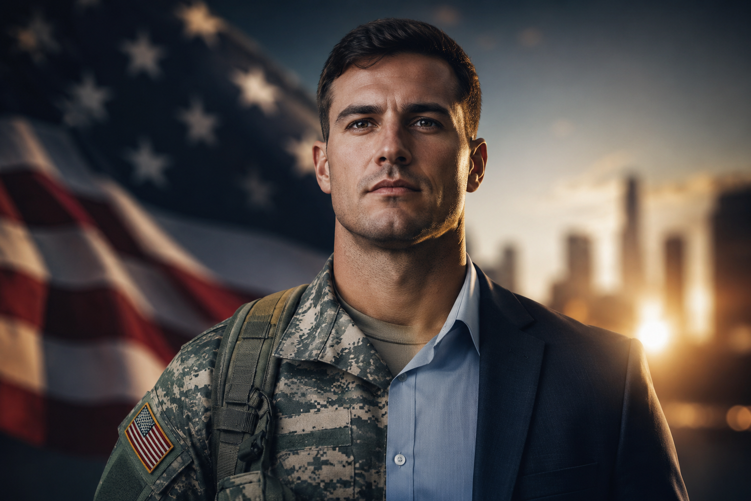 U.S. military veteran in uniform and blazer with American flag and city skyline
